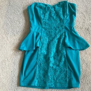 Teal strapless peplum mini dress